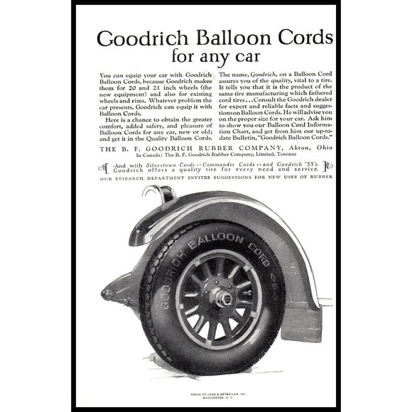 1924 BF Goodrich Balloon Cord Tires Vintage Print Ad Front Fender Wall Art Photo - Picture 1 of 1